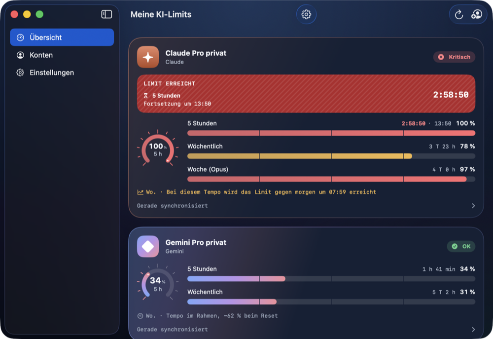 Das Fenster der App auf dem Mac: Seitenleiste und Kontokarten mit Countdown und Tempo-Prognose (Demodaten).