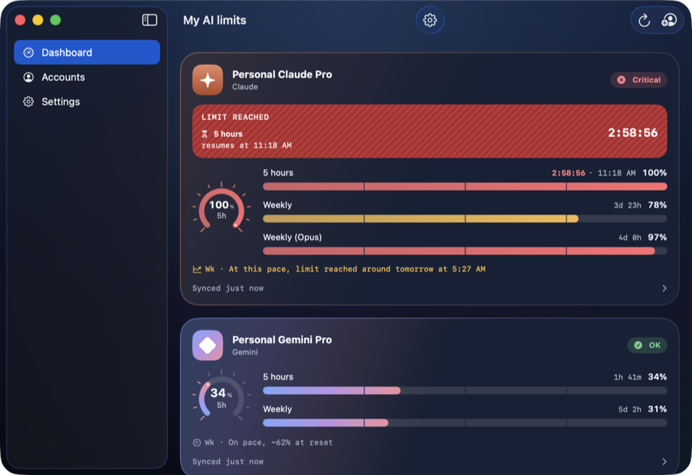 The app's window on Mac: sidebar and account cards with countdown and pace forecast (demo data).
