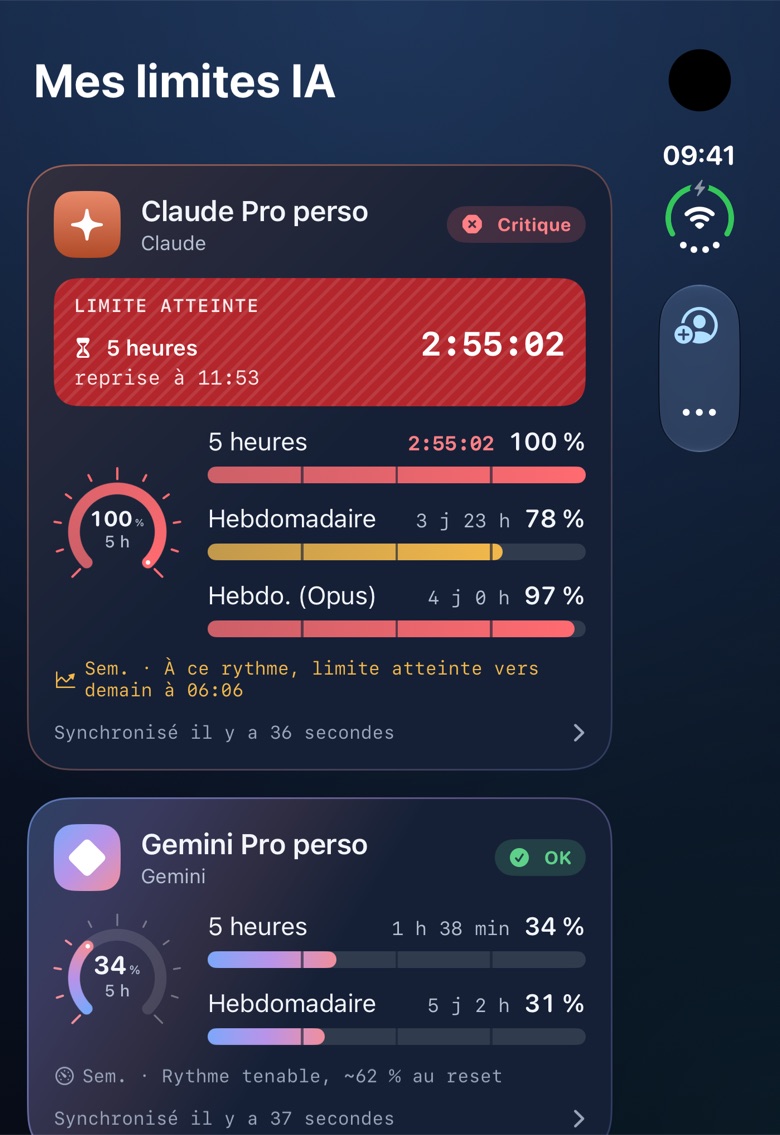 Tableau de bord sur l'écran extérieur de l'iPhone Duo, appareil replié : les boutons passent sur le côté (données de démonstration).