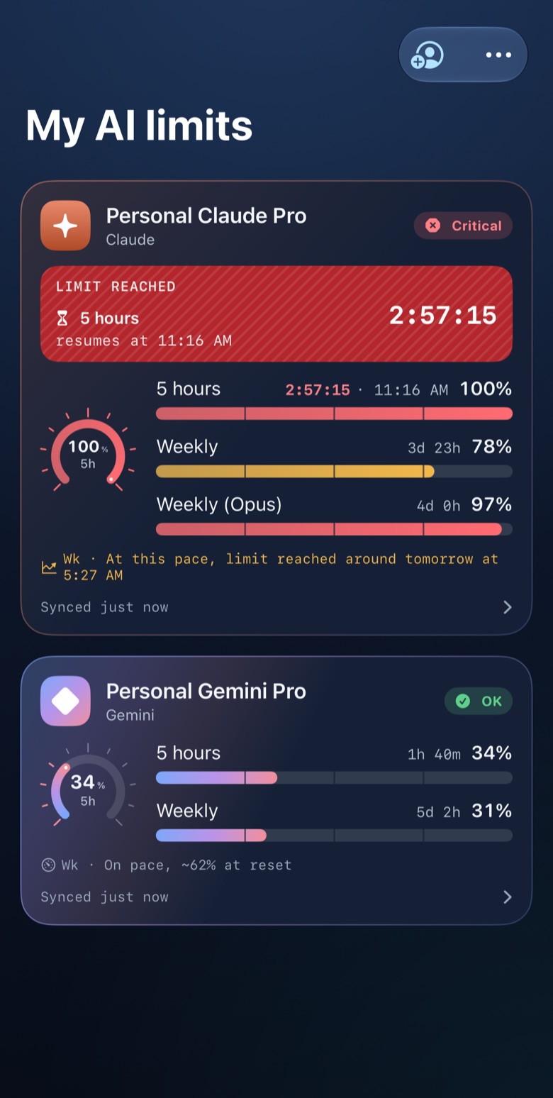 Dashboard on iPhone: two account cards with rings, per-window bars and a "Limit reached" banner (demo data).