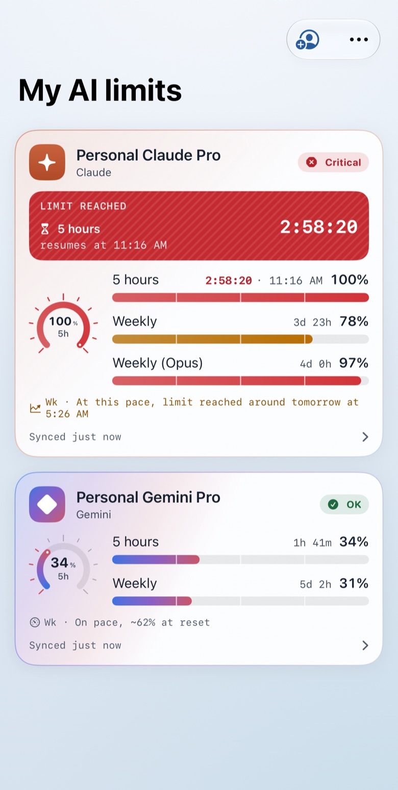 Dashboard on iPhone: two account cards with rings, per-window bars and a "Limit reached" banner (demo data).