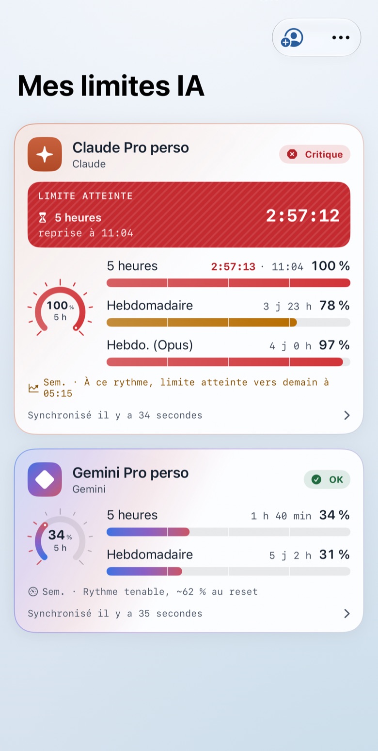 Tableau de bord de l'app sur iPhone : une carte par compte Claude et Gemini, avec jauges, pourcentages et compte à rebours de reprise (données de démonstration).