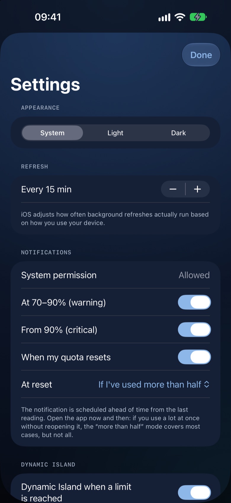 Settings screen on iPhone (demo data).