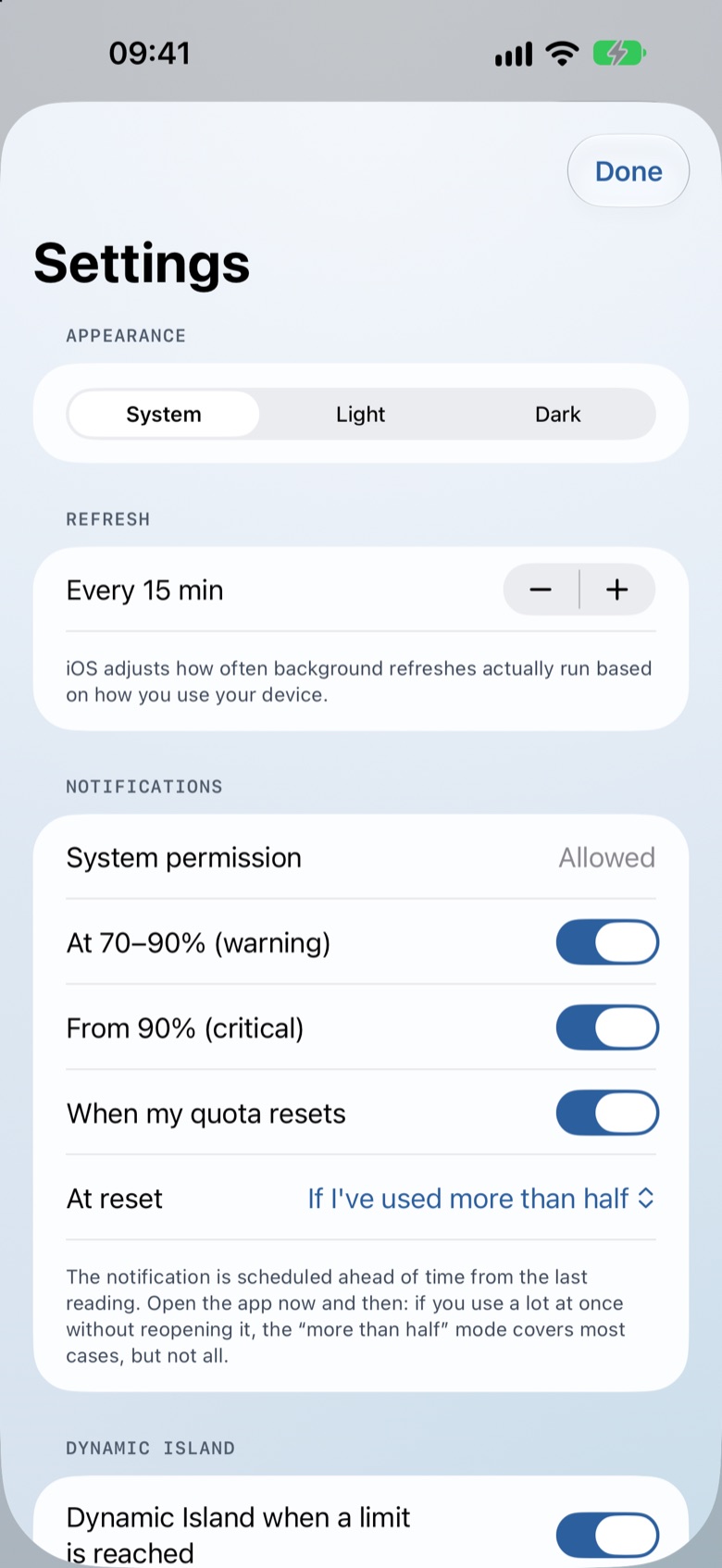 Settings screen on iPhone (demo data).