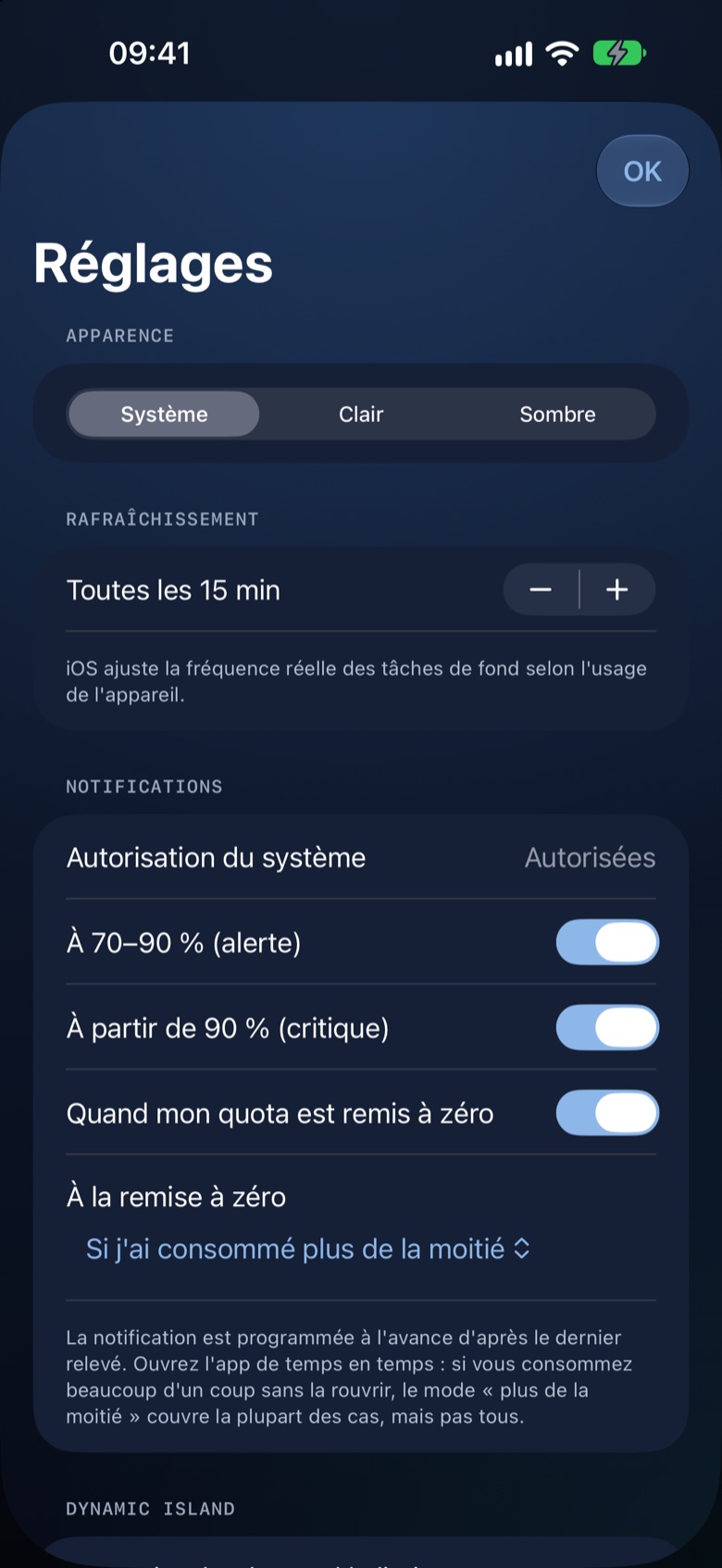 Écran Réglages sur iPhone (données de démonstration).