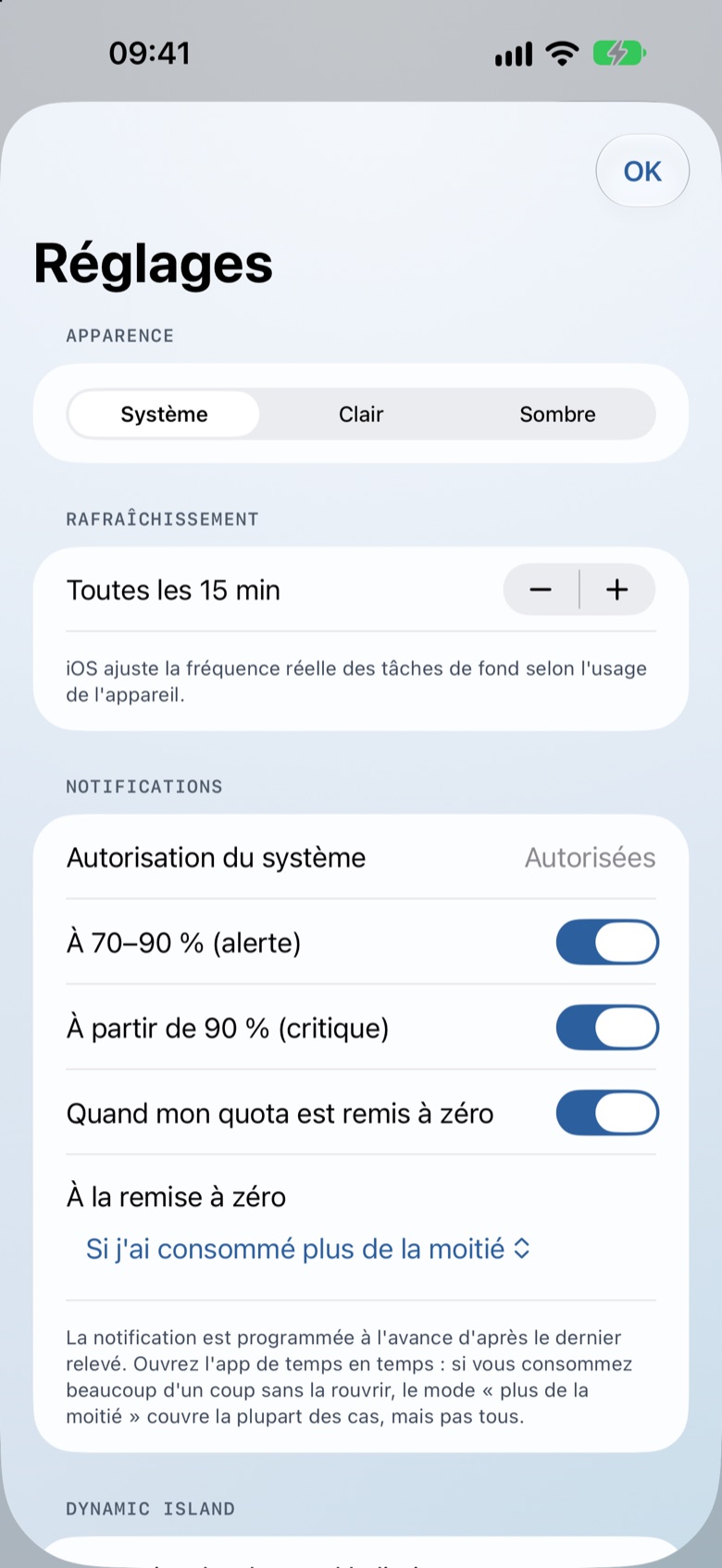 Écran Réglages sur iPhone (données de démonstration).