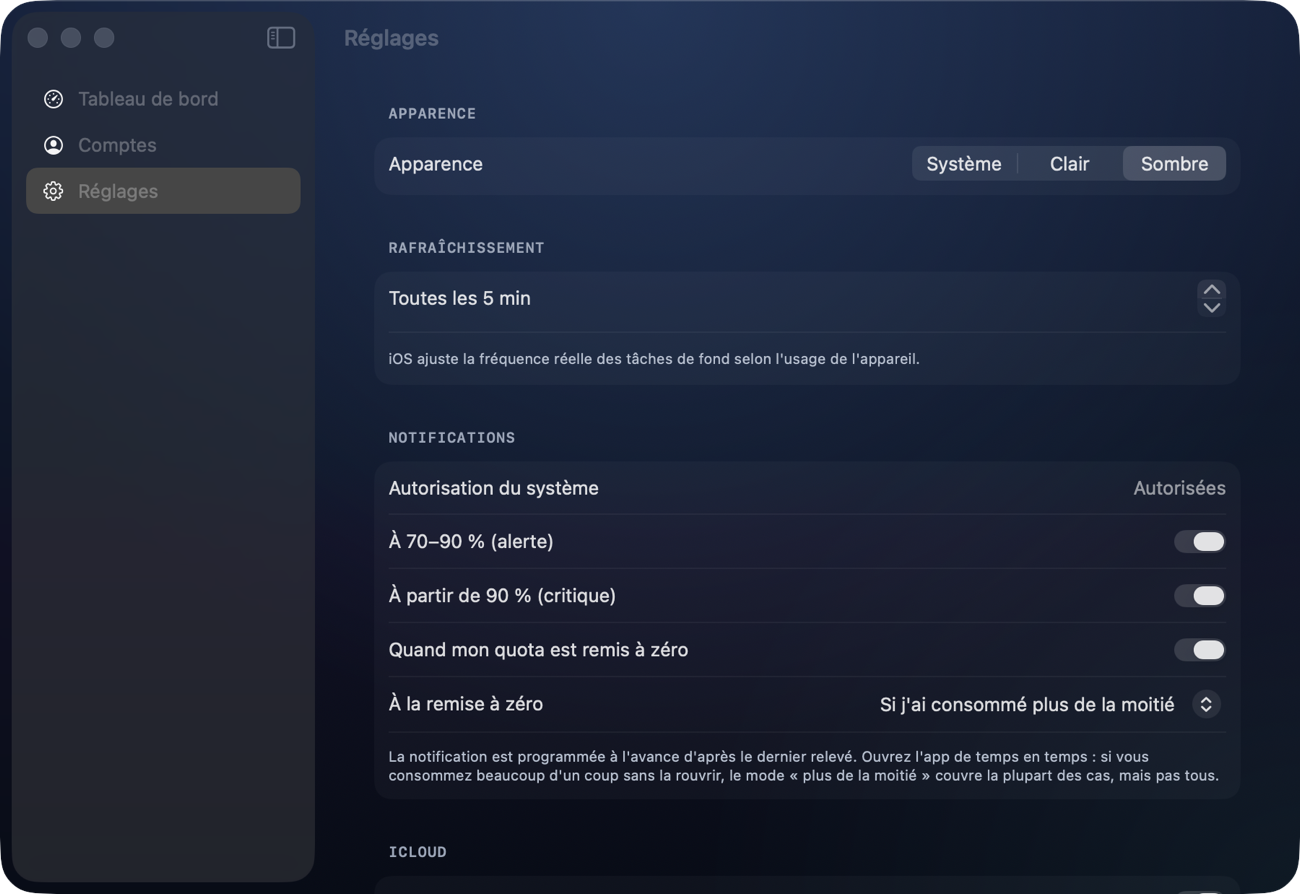 Réglages de l'app sur Mac.