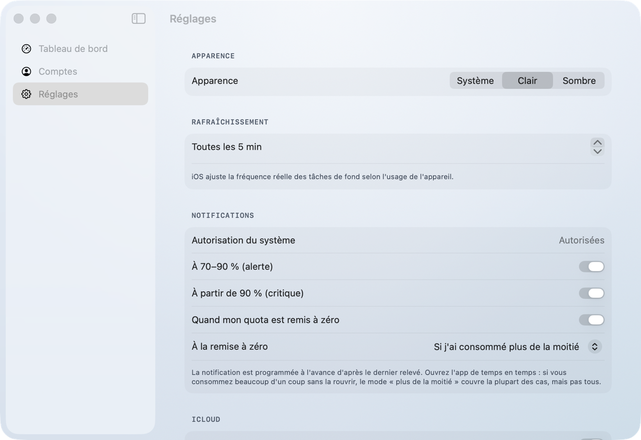 Réglages de l'app sur Mac.