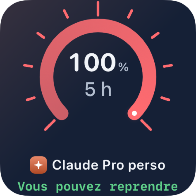 Petit widget affichant « Vous pouvez reprendre » après la remise à zéro (rendu de démonstration).