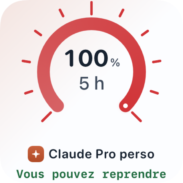 Petit widget affichant « Vous pouvez reprendre » après la remise à zéro (rendu de démonstration).